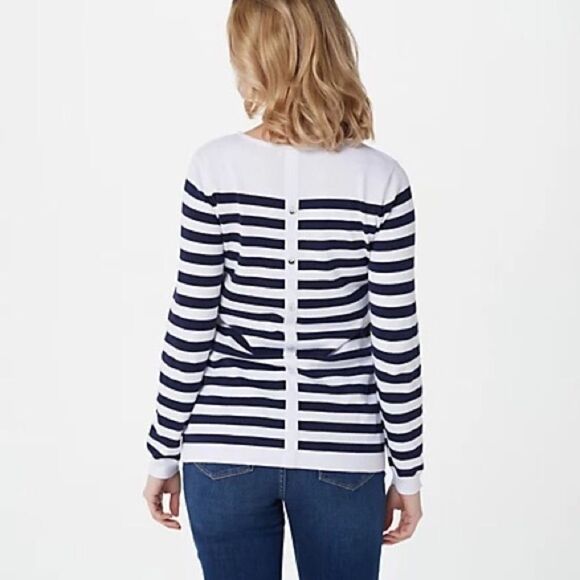 Susan Graver Back Button Detail Striped Sweater - Picture 2 of 6